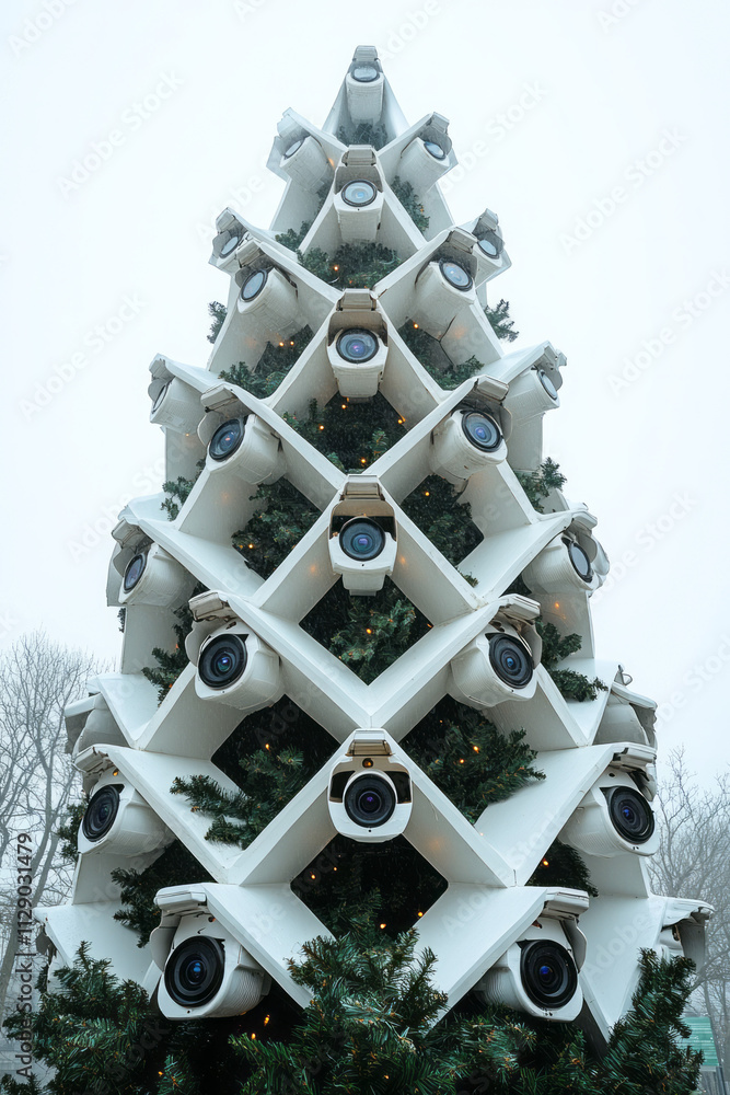Poster a modern christmas tree with multiple security cameras integrated into its design, capturing differe