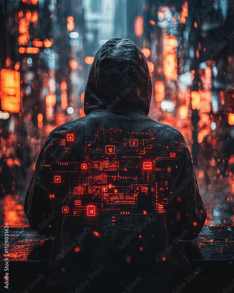 Poster a person in a hoodie wiping away traces of a computer hack on a screen, with virtual icons and hacki