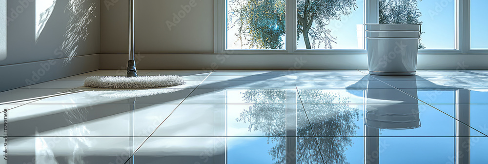 Poster a minimalist composition of a mop and bucket beside faint smudges on a white tiled floor, with the s