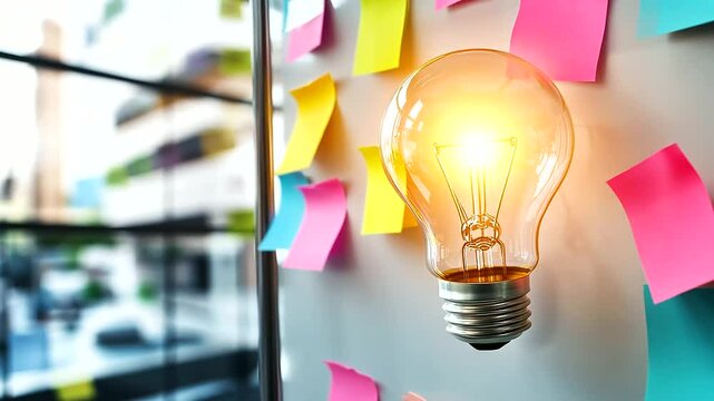 A large, bright yellow light bulb drawing stands out in the center, surrounded by vibrant sticky notes in pink, blue, and green with various scribbles and ideas, scattered across a