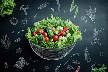 Fresh Vegetable Salad in Glass Bowl with Chalk Drawings