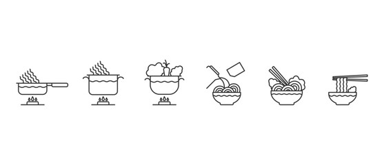 Noodles icon. Vector illustration of making instant noodle, step by step how to cooking instant noodle. Instant noodle making instructions in line icon style. Vector icons in transparent background.