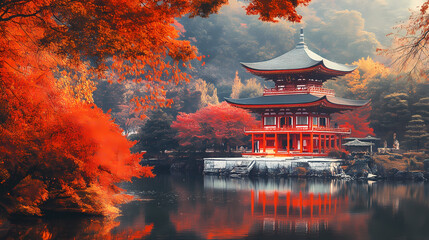 A stunning view of a traditional asian temple surrounded by vibrant autumn foliage, creating a tranquil and picturesque setting in nature. Echo. Illustration