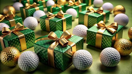 Holiday Golfing Gift Concept with Green Gift Boxes, Gold Bows, and Golf Balls for Enthusiasts Celebrating the Joy of the Sport in Festive Decor