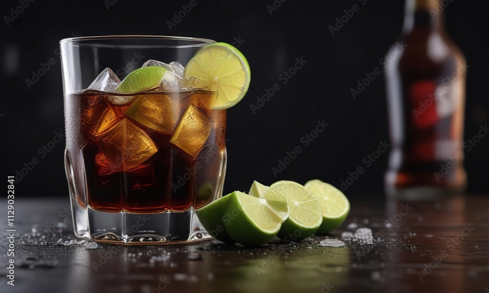 Poster a dark background with a glass of rum and coke with ice and a lime wedge placed on the edge of a tab