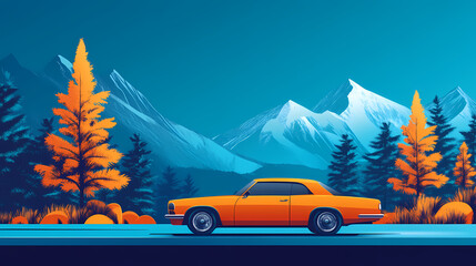 A vibrant orange car parked near stylized trees and mountains, creating a playful outdoor scene with a blue background. Echo. Illustration