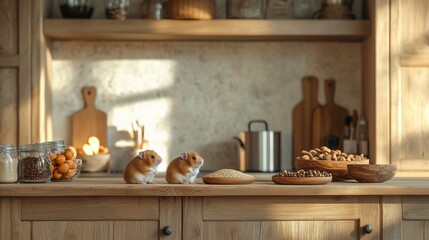 Two Hamsters Exploring a Cozy Kitchen Counter with Healthy Snacks