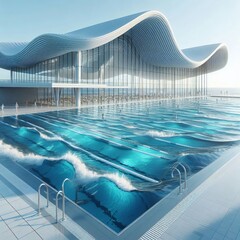 Aquatic Center with Wave Roof A modern aquatic center featuring