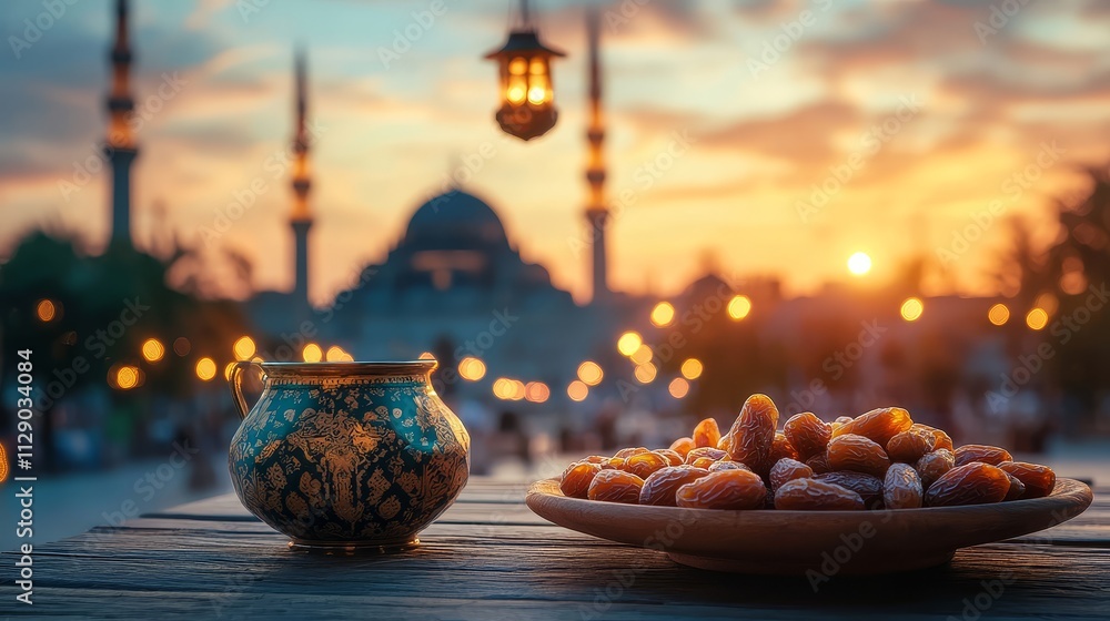 Poster sunset view of mosque with dates and drink.