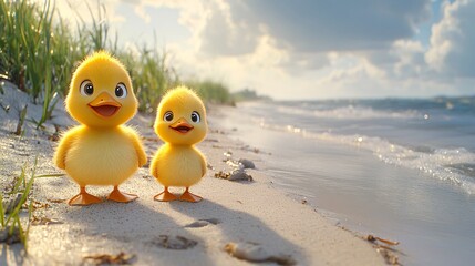Big and Little Ducks Walking on Sandy Beach