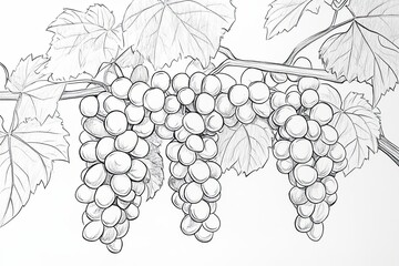 Fototapeta premium Three Bunches Of Grapes Hanging From Vine Leaves