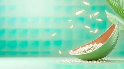 Obraz premium White rice falling into a light green bowl against a teal background.