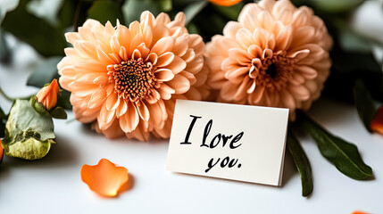 a delicate bouquet of fresh flowers with a handwritten love note saying "I love you,"