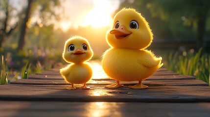 Guiding Little Duck Across a Wooden Pathway