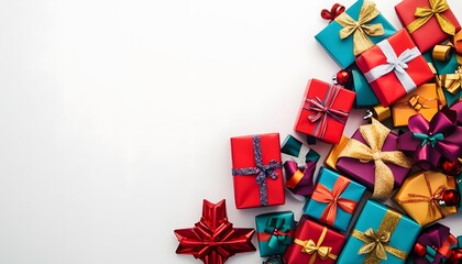 A vibrant Christmas banner showcasing a pile of gift boxes wrapped in colorful paper with bows and ribbons. Isolated on a white background_3