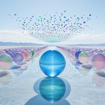 [Colored glass spheres display] Spherical Harmony in Futuristic Crystal Landscape
