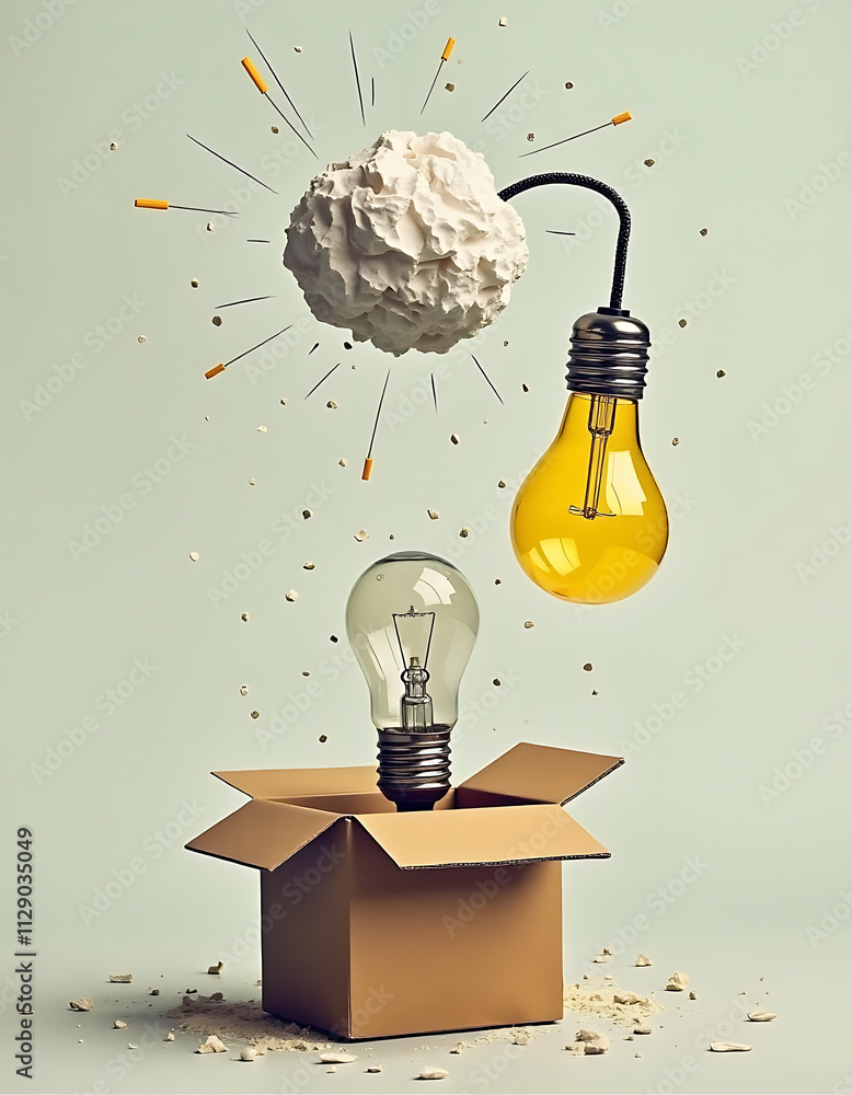 Poster Brainstorming involves using unconventional objects like a crumpled paper ball or a light bulb to think outside the box in business competitions._00002_