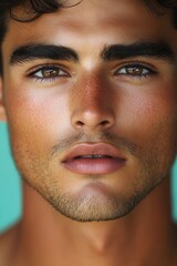 Obraz premium Close-up portrait of a young man with captivating eyes and sun-kissed skin against a vibrant turquoise background showcasing natural beauty