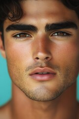 Obraz premium Young man with captivating features and deep brown eyes posing against a vibrant turquoise background in a relaxed setting during daylight