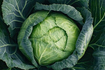Green Cabbage Head Growing In Garden