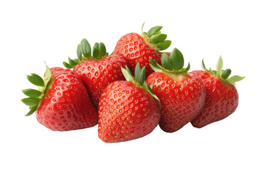 A group of ripe red strawberries with green leaves and seeds visible on a black background highlighting summer freshness