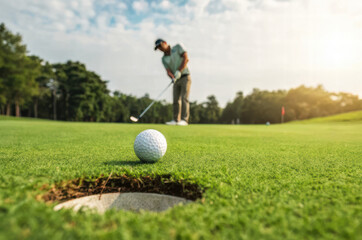 A golfer focuses intently as he prepares to putt on a beautifully manicured green. The sun shines brightly, enhancing the vibrant colors of the surrounding landscape.