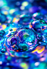 Naklejka premium A vibrant kaleidoscope of oil drops on water in bright daylight, displaying a spectrum of colors like pink, blue, and green, with sharp reflections and a clear blue sky visible in the background.