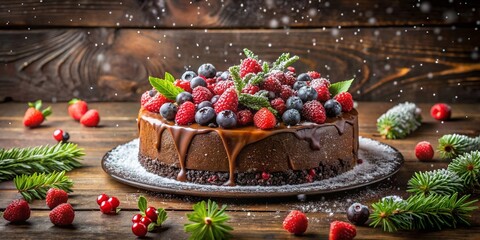 Indulgent Chocolate Cake Topped with Fresh Berries and Delicate Snowflakes on a Rustic Wooden Table for a Cozy Winter Dessert Scene