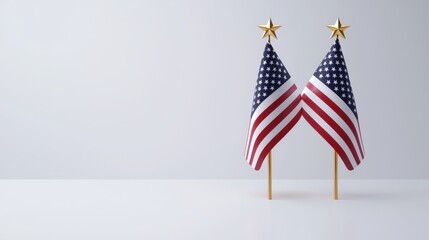 A front-facing shot of a patriotic display featuring crossed American flags with golden star decorations on a pristine white background,