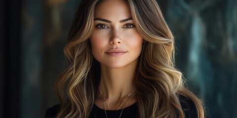 Naklejka premium Portrait of a woman with long, wavy hair showcasing natural beauty in a soft and elegant setting