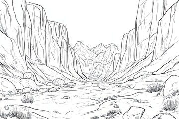 Fototapeta premium Line Drawing of a Canyon Landscape With Sparse Vegetation