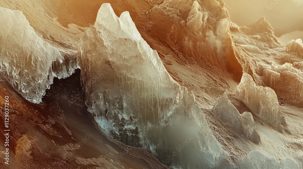 Poster a surreal view of ice formations on mars, with smooth frozen surfaces contrasting against rust-color