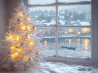 A cozy winter scene featuring a decorated white Christmas tree beside a snowy window with a picturesque view of a river and snow-covered buildings.