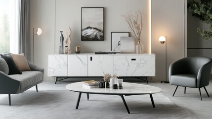 Generate an interior design concept for a coffee table and cabinet set in white marble, featuring black metal legs to create a sense of modernity and sophistication.