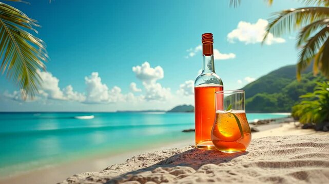 Refreshing drink on a tropical beach with palm trees and clear blue water