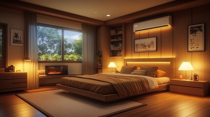 Fototapeta premium Serene Evening in a Luxurious Wooden Bedroom