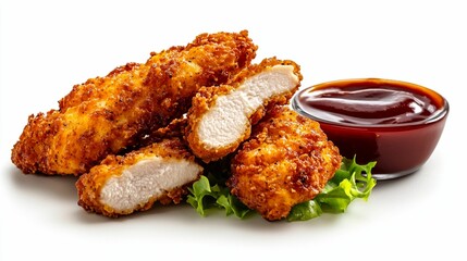 Crispy golden chicken tenders with juicy meat served alongside rich barbecue sauce and fresh lettuce greens on a white background for food photography