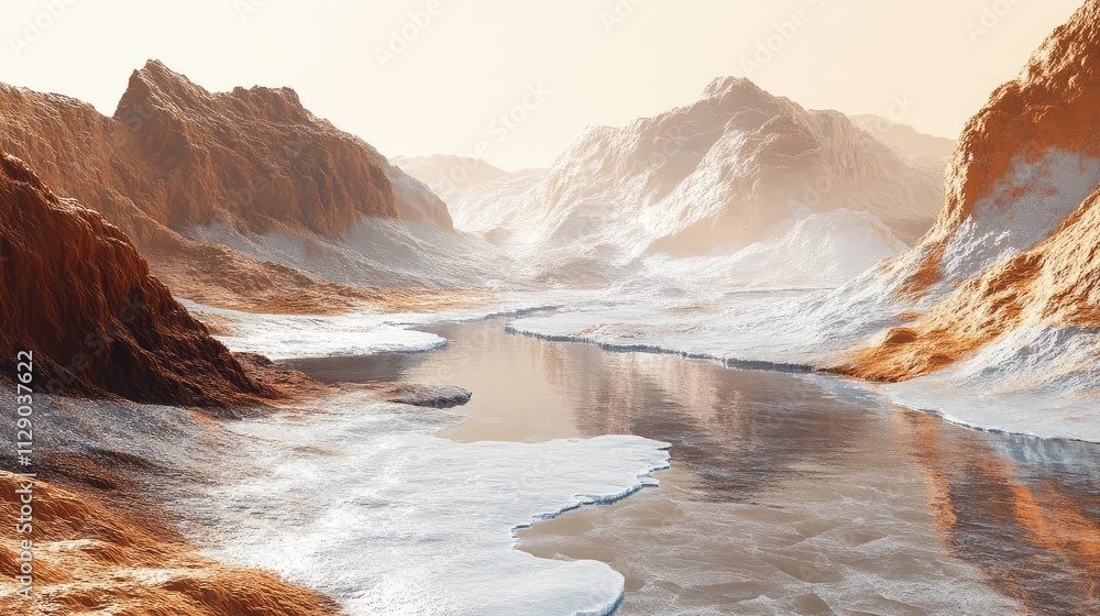 Poster a surreal view of ice formations on mars, with smooth frozen surfaces contrasting against rust-color