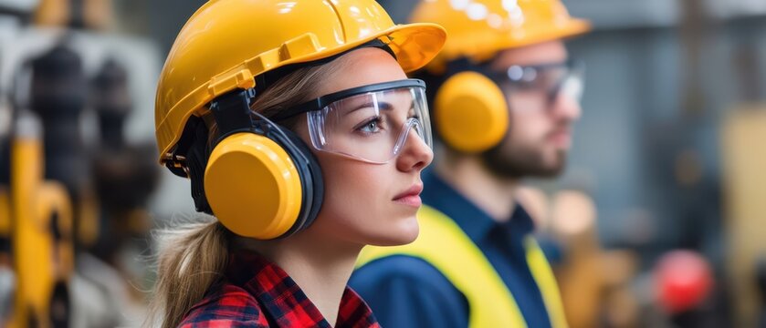 Construction workers with hearing protection, focused on tasks in noisy environment