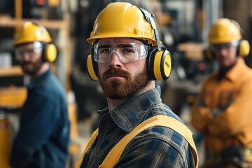 Fototapeta premium Construction workers with hearing protection, focused on tasks in noisy environment