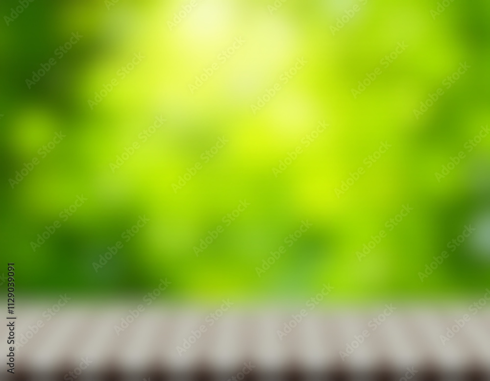 Poster abstract green bokeh texture captures a serene morning scene with a checkered tablecloth and lush ga