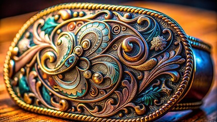 Intricate Close-Up of a Decorative Belt Buckle Showcasing Unique Textures, Patterns, and Finishes, Perfect for Fashion and Accessory Enthusiasts Seeking Detail-Oriented Imagery