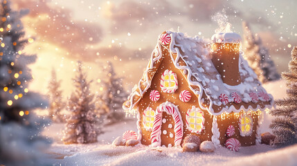 A charming gingerbread house surrounded by snowy trees and glowing fairy lights, creating a cozy and magical holiday scene.