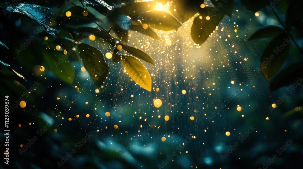 Poster sunlight filters through leaves, illuminating falling droplets in a serene forest setting.
