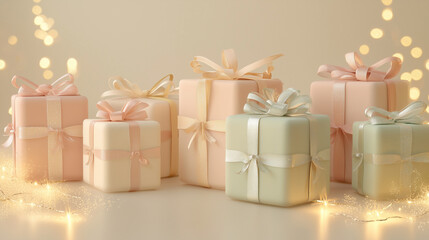 Elegant pastel gift boxes with ribbons surrounded by glowing fairy lights, on a soft winter background with room for text placement.
