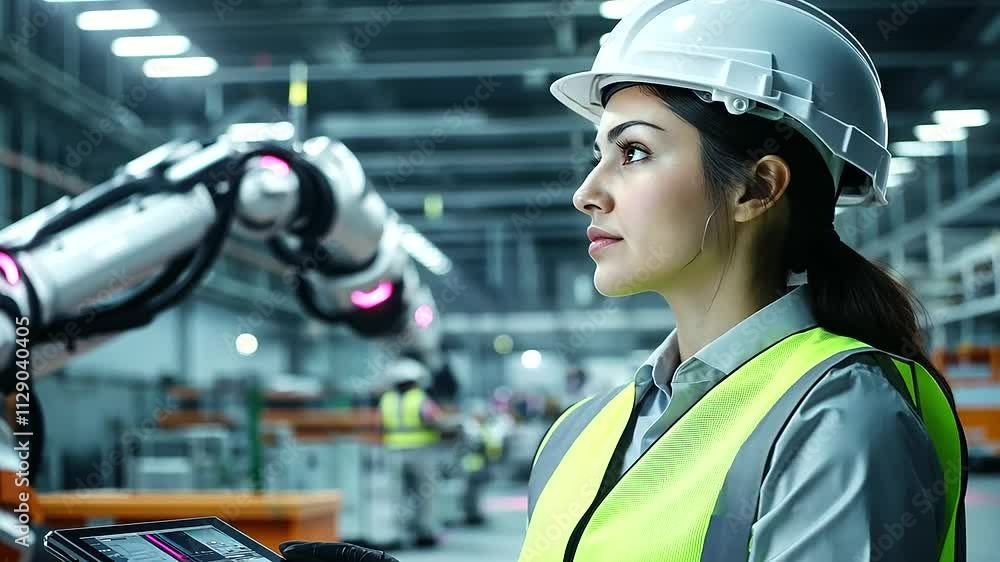 Poster with a focused expression, a female factory worker in a hardhat and reflective vest monitors her dig