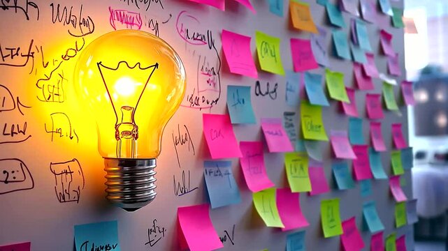 A large, bright yellow light bulb drawing stands out in the center, surrounded by vibrant sticky notes in pink, blue, and green with various scribbles and ideas, scattered across a
