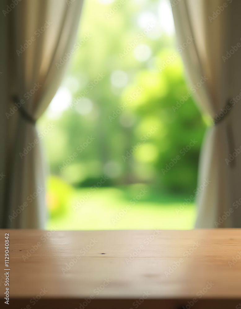 Poster a wooden tabletop is blurred in the background by a flowing curtain and an abstract green garden sce