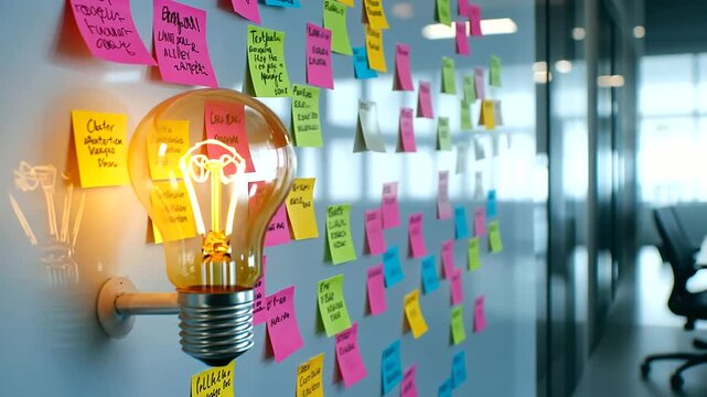 On a whiteboard, a big yellow light bulb is encircled by sticky notes in pink, blue, green, and yellow, each with scribbled words and images symbolizing a vibrant brainstorming ses