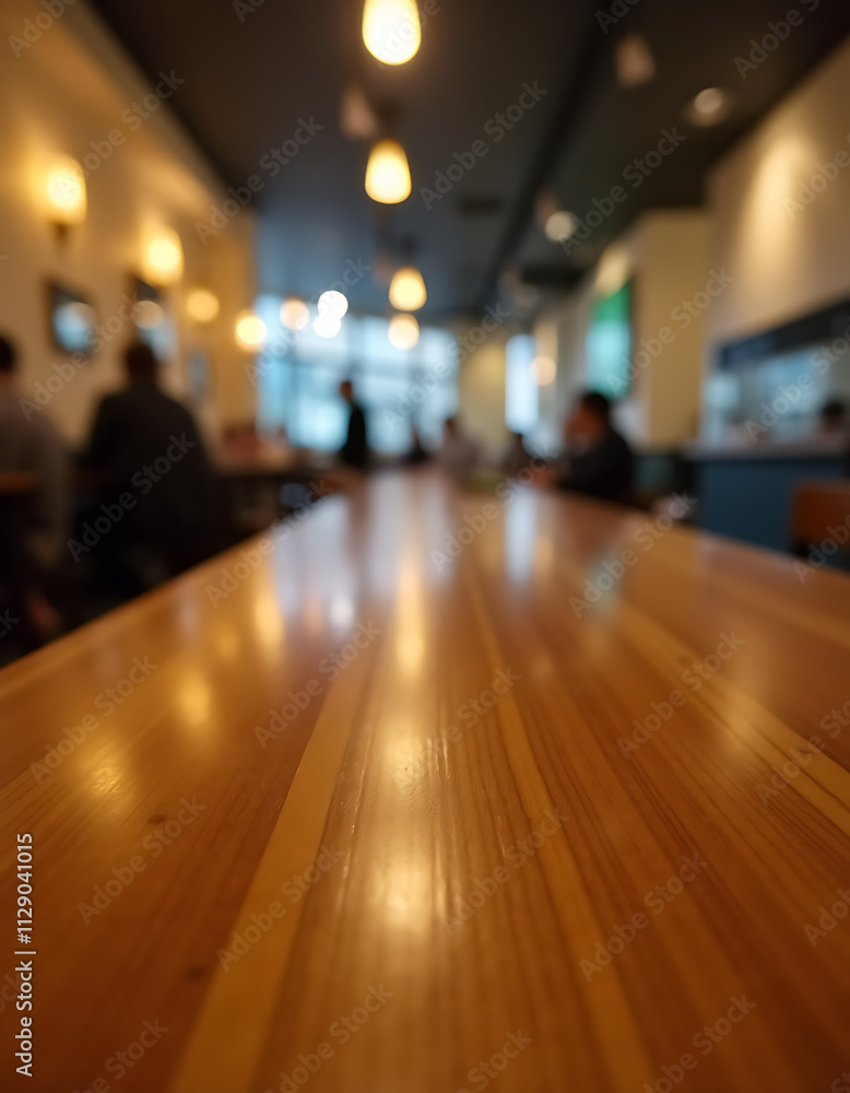 Aufkleber A wooden table top reflects a blurred lighting effect in a busy cafe setting with selective focus on the table surface._00001_